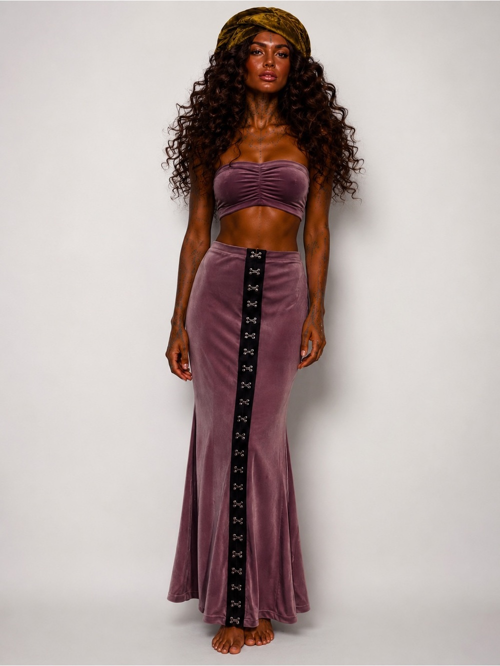 Mauve Velvet Maxi Skirt with Front Hook Trim